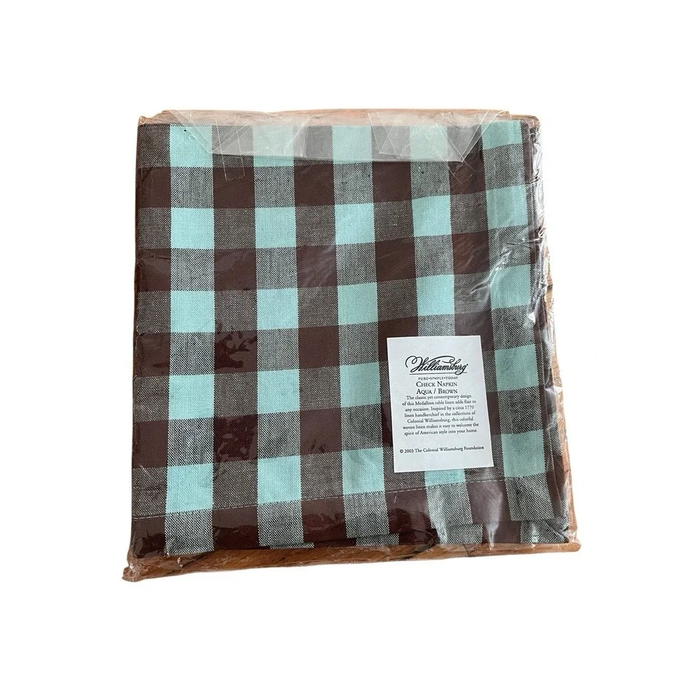 Colonial Williamsburg Check‎ Napkin Aqua Brown 1700 reproduction Americana SET 4